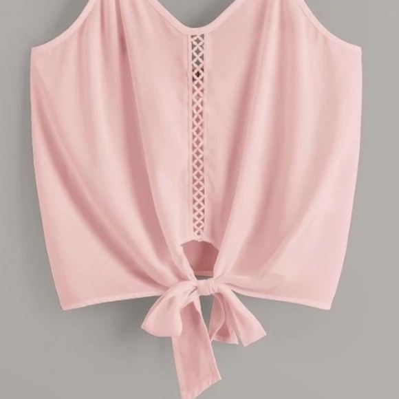 Pink Silky Eyelet Cross Pattern Down The Front W/Tied Front Lace Cami Top - Picture 4 of 7